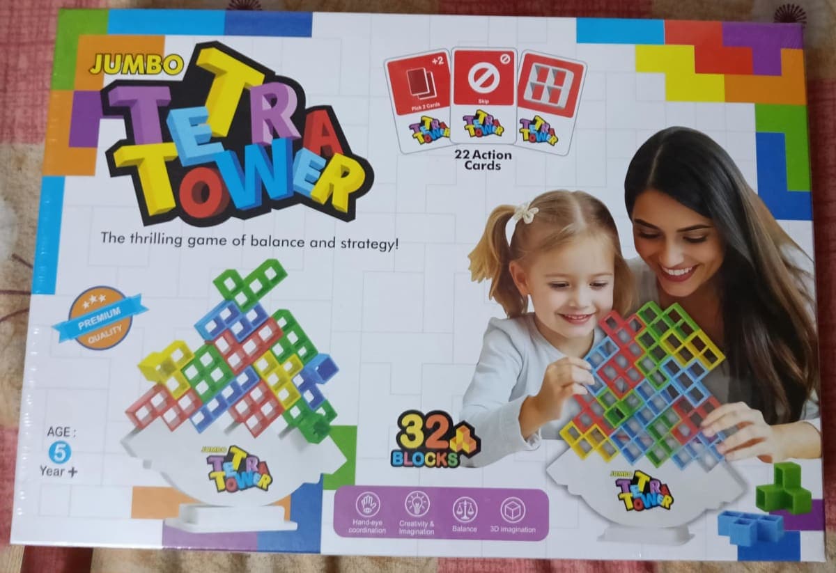 Jumbo Tetra Tower Balance Game, 32 Blocks with Action Cards, Educational Strategy Game for Ages 5+ 1