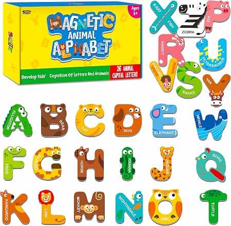 Large Size Magnetic Letters, Cute Animal Alphabet ABC Magnets for Fridge Colorful Uppercase Animals Toys Set Educational Spelling 1