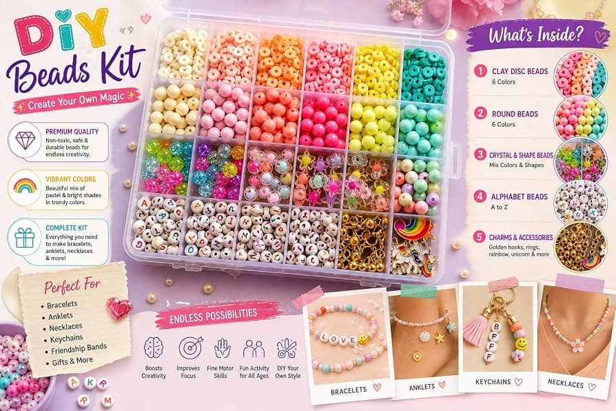 ELMEZ Jewellery Making Beads Kit for Girls & Kids DIY Bracelet Making Kit with Clay Beads, Alphabet Beads, Charms, Crystal Beads 1